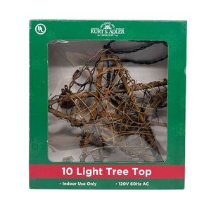 Kurt S Adler 10-Light Rattan Natural Star Tree Topper Rustic Farmhouse